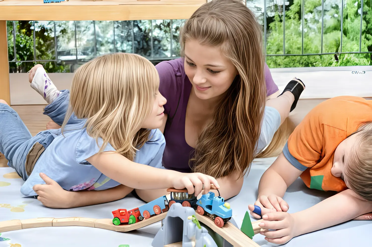 Enfants jouent avec un train en bois.