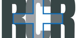 Logo avec lettres RCR et croix bleue.